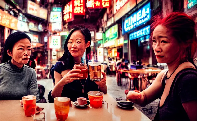 Image similar to cinestill 5 0 d candid photographic portrait by helen levitt of two android women sharing a drink at a cafe in cyberpunk china, extreme closeup, modern cyberpunk, dust storm, 8 k, hd, high resolution, 3 5 mm, f / 3 2, ultra realistic faces, intricate detail, ex machina