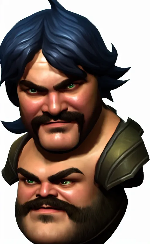 Image similar to Jack Black as a character in the game League of Legends, with a background based on the game League of Legends, detailed face, old 3d graphics