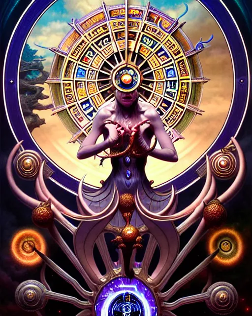 Prompt: the wheel of fortune tarot card, fantasy character portrait made of fractals, ultra realistic, wide angle, intricate details, the fifth element artifacts, highly detailed by peter mohrbacher, hajime sorayama, wayne barlowe, boris vallejo, aaron horkey, gaston bussiere, craig mullins