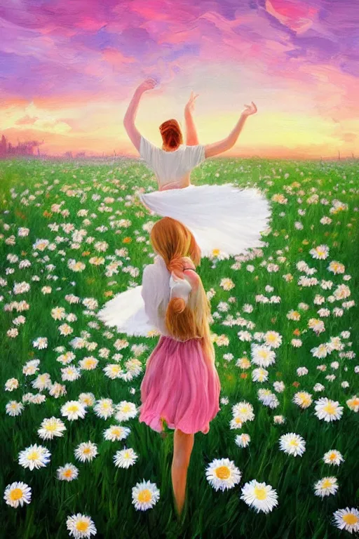 Image similar to giant white daisy flower as head, girl dancing in a flower field, surreal photography, sunrise, dramatic light, impressionist painting, colorful clouds, digital painting, artstation, simon stalenhag