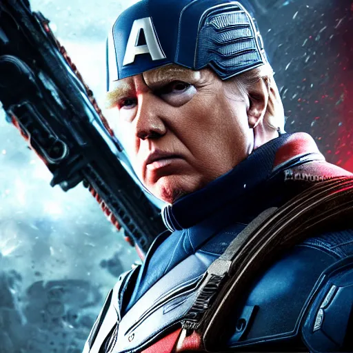 Image similar to Portrait! of President Donald Trump as ((captain america)) in Gears of War, splash art, movie still, cinematic lighting, dramatic, octane render, long lens, shallow depth of field, bokeh, anamorphic lens flare, 8k, hyper detailed, 35mm film grain