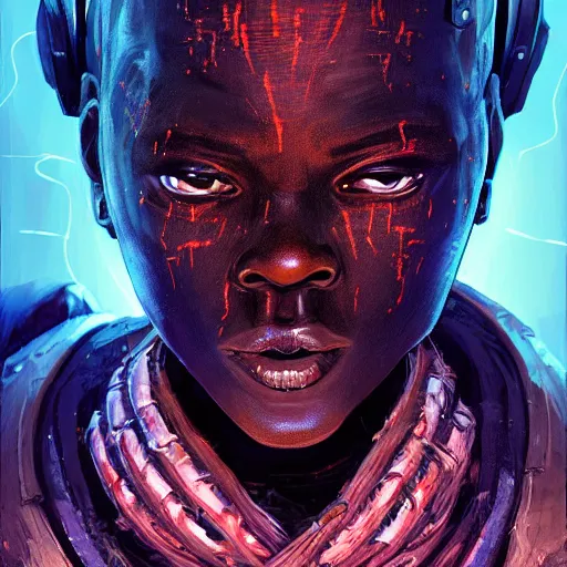 Prompt: a dark and ominous cyborg african child soldier with glowing eyes and facial scarification marks, Apex Legends character digital illustration portrait design, by android jones and greg rutkowski in a cyberpunk voodoo style, synthwave color scheme, detailed, cinematic lighting, wide angle action dynamic portrait