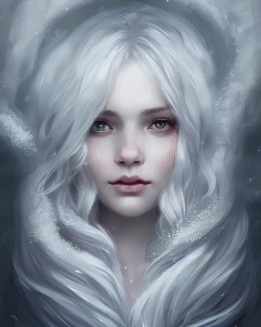 Image similar to portrait of a beautiful snow goddess, flowy white grey hair, grey eyes, winter, frozen, snow, cinematic lighting, highly detailed, digital painting, trending on artstation, pixiv, concept art, sharp focus, illustration, art by ross tran and wlop