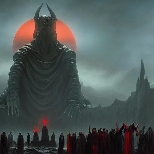 Prompt: A group of people in black Sith lord robes pray to a giant statue of the devil, the scene is lit by a bleeding red moon, Matte painting , detailed painting, greg rutkowski