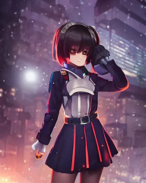 Image similar to full body portrait of anime schoolgirl in mechanic armor in night tokyo by makoto sinkai, perfect face, fine details