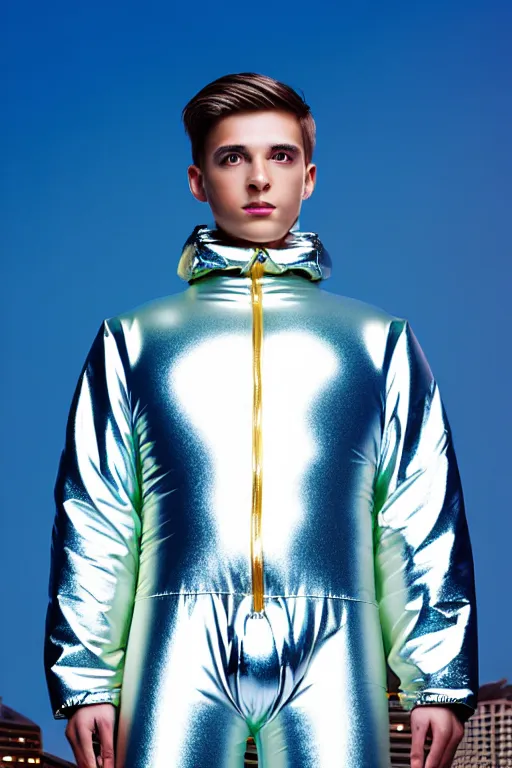 Image similar to un ultra high definition studio quality photographic art portrait of a young man standing on the rooftop of a british apartment building wearing soft baggy inflatable padded silver iridescent pearlescent clothing. three point light. extremely detailed. golden ratio, ray tracing, volumetric light, shallow depth of field. set dressed.