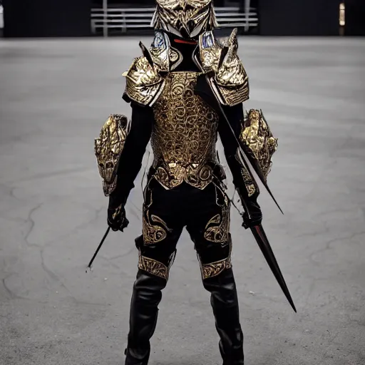 Image similar to Austin Butler dressed in futuristic-baroque duelist-garb and battle armor, standing in an arena, XF IQ4, f/1.4, ISO 200, 1/160s, 8K, RAW, unedited, symmetrical balance, in-frame