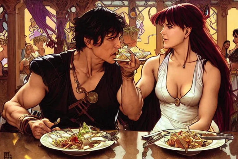 Image similar to xena warrior princess eating at a restaurant, with a hispanic man in a suit as her companion, art by artgerm and greg rutkowski and alphonse mucha