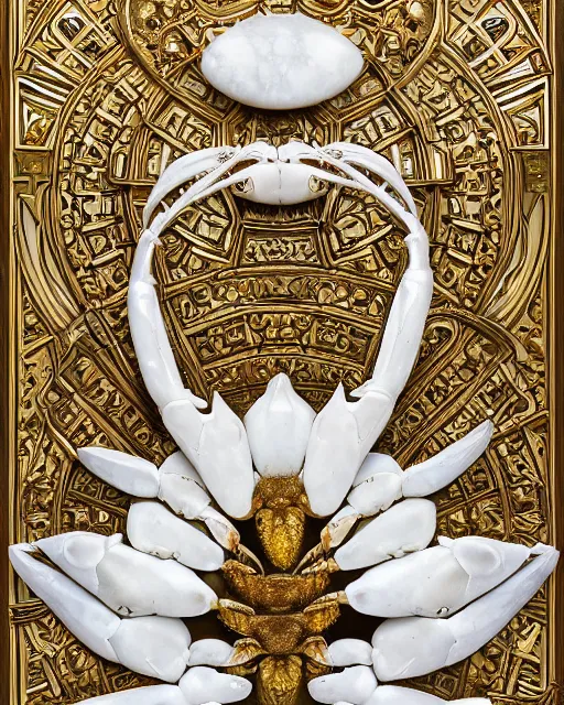 Image similar to symmetry, intracate white marble bas relief sculpture with gold wire inlay, thousands of crabs crabs spiders, snakes, highly detailed, intricately detailed, art nuevo, octane, 8 k, hdr, art by hr geiger and ridley scott, and alphonse mucha, trending on artstation