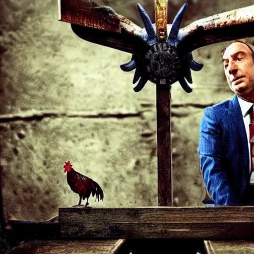 Image similar to saul goodman and a rooster in a medieval torture chamber, scary torture devices in the background, horror movie, saul goodman, rooster, real life photo, detailed face