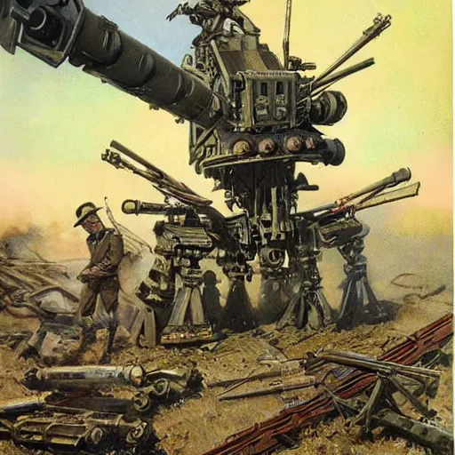 Image similar to wwi deiselpunk american battle mech propaganda art by james gurney