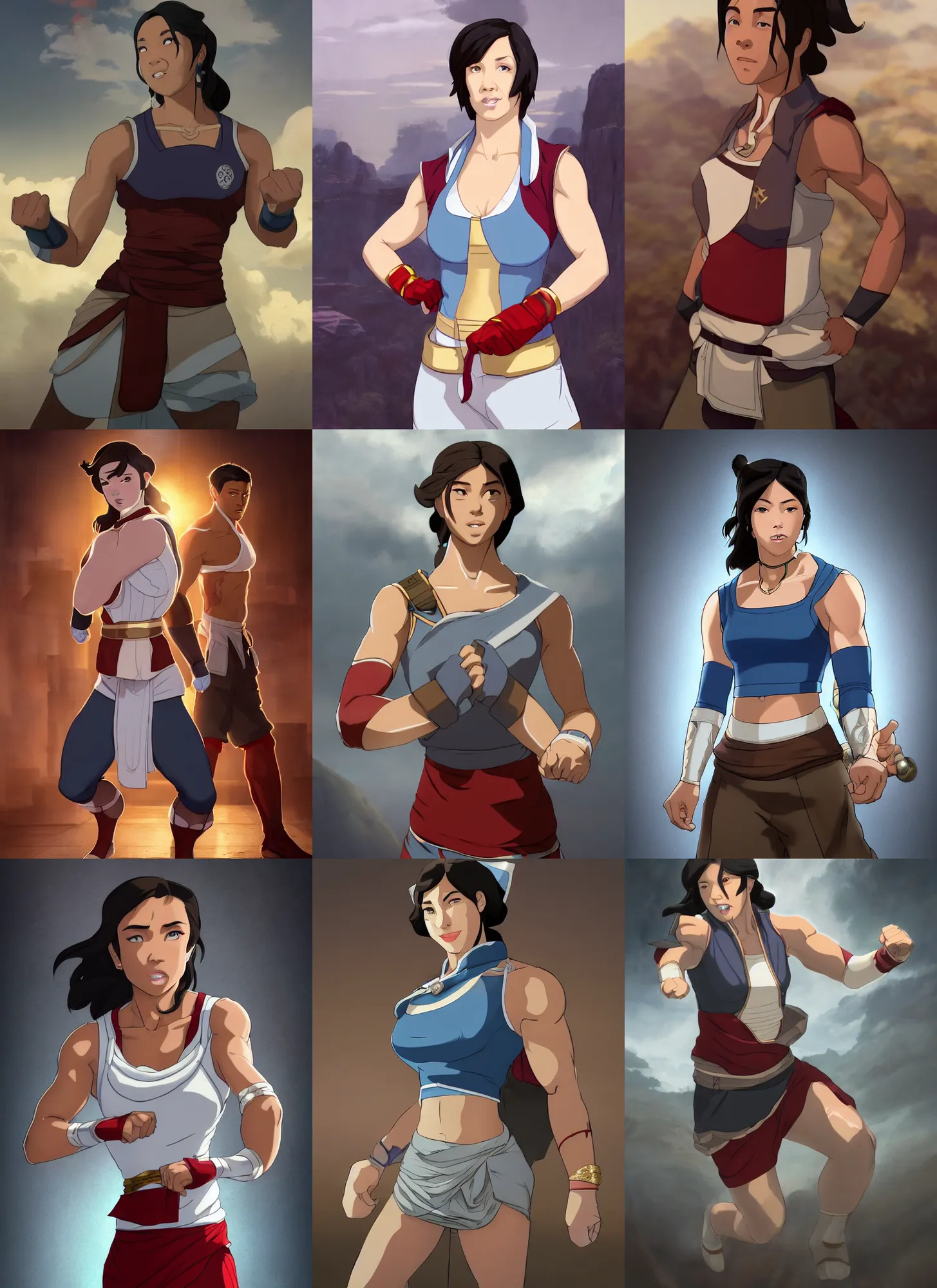 Prompt: a portrait of real life korra, hyper realistic, 8 k hdr movie, muscular, wearing red tanktop vest with gold lining, white bandages on fists, black hair, short - medium length hair, serious, style by donato giancola, wayne reynolds, jeff easley dramatic light, high detail, cinematic lighting, artstation, dungeons and dragons