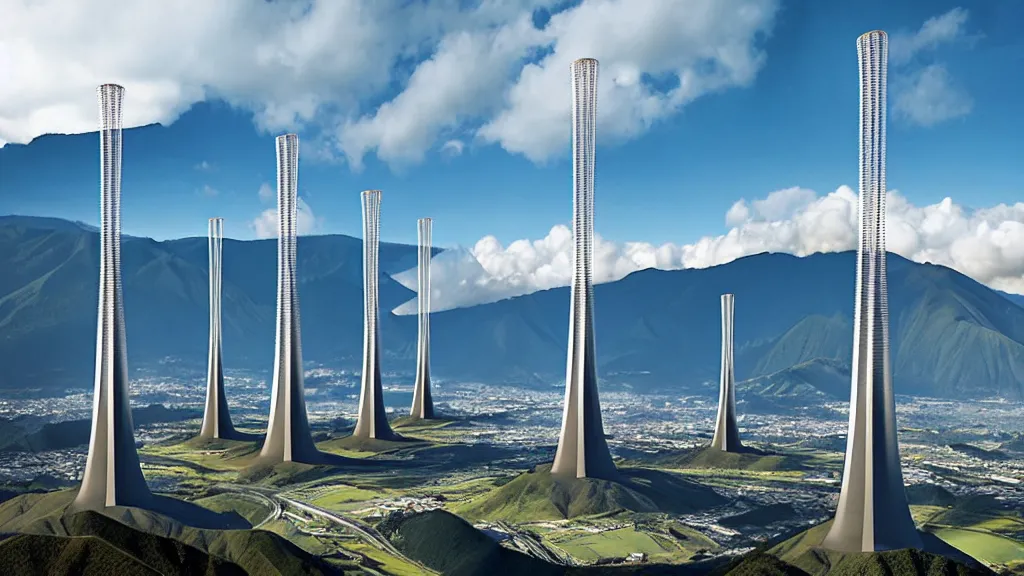 Prompt: Epic Nuclear power towers gracefully over the mountain valley of Quito, Ecuador; by Oswaldo Moncayo and Vincent Callebaut; Art Direction by James Cameron;