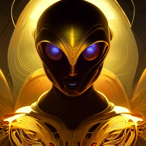 Image similar to alien, sci fi, glowing eyes, volumetric lights, gold theme, art nouveau botanicals, intricate, highly detailed, digital painting, artstation, concept art, smooth, sharp focus, cinematic, illustration, beautiful face, art by artgerm and greg rutkowski and alphonse mucha