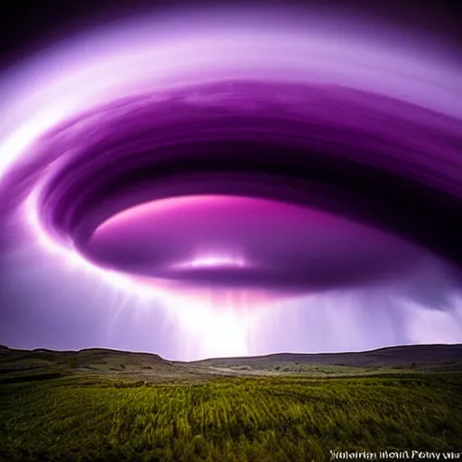 Image similar to amazing photo of a purple tornado in the sky, tornado shaped, by marc adamus, beautiful dramatic lighting