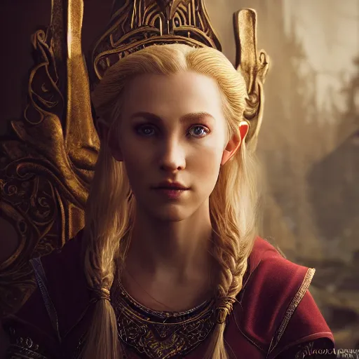 Image similar to the elder scrolls vi, charismatic rega blonde high elf female jarl, portrait, throne room, atmospheric lighting, painted, intricate, volumetric lighting, beautiful, daytime, sunny weather, slight overcast, sharp focus, deep colours, ultra detailed, by leesha hannigan, ross tran, thierry doizon, kai carpenter, ignacio fernandez rios