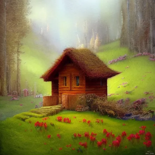 Image similar to small wooden house in the middle of spring forest, bright colours, watercolor, volumetric wool felting, macro photography, children illustration, by christophe vacher