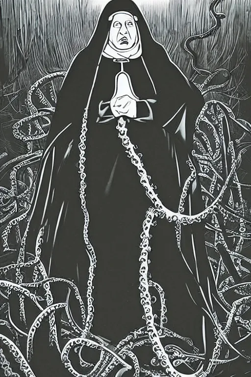 Prompt: a wideangle, full body portrait of an evil nun, captured by a mass of black tentacles, swamp, slime