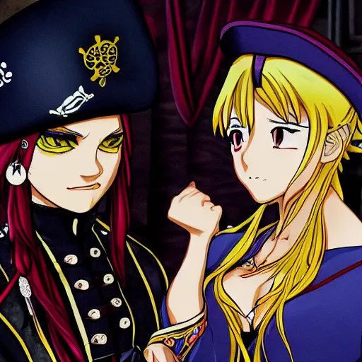 Image similar to a scene of a stare down between two beautiful female pirate captains, detailed anime art