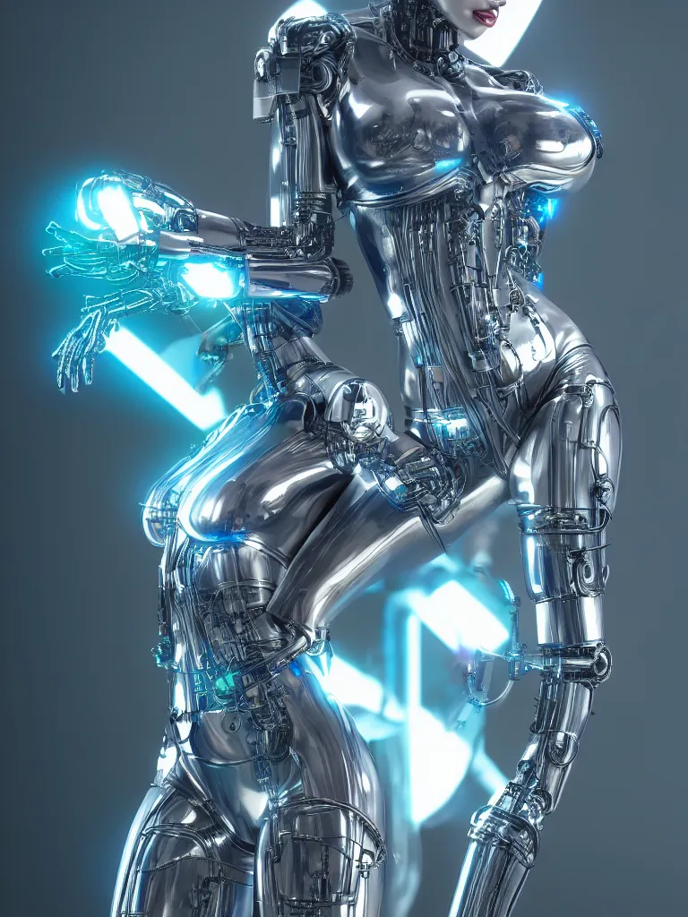 Prompt: cinematic, photography, medium shot, portrait, a beautiful betty page cyborg, perfect chromium bionic body, holographic ui data displays, hud interface, floating power cables, hajime sorayama, h. r. giger, octane rendered, 4 k, lens flare,