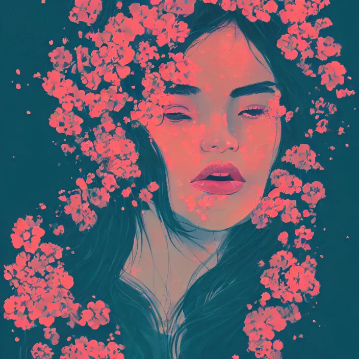 Image similar to candid portrait of very beautiful young filipino woman, surrounded by dramatic swirling smoke and flowers, face partially obscured, dark background, by conrad roset, abstract, trending on artstation