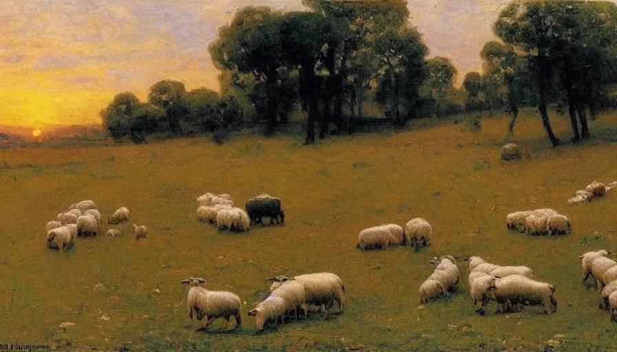 Image similar to wide scene of sheep in a meadow at sunset, by ilya repin