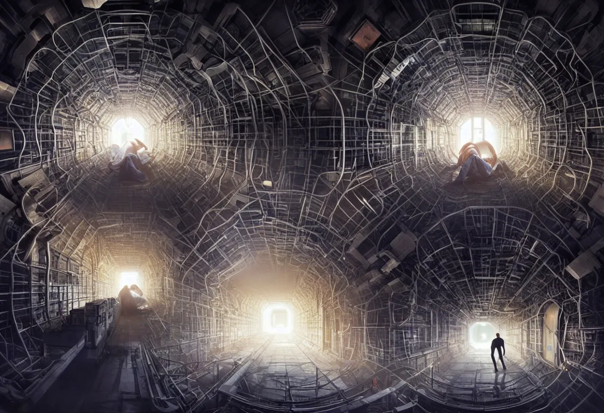 Image similar to man trapped inside cern large hadron collider, his body getting pulled apart by particle collision, ultra high definition, ultra detailed, symmetry, matte painting, by greg rutkowski and ross tran and wlop