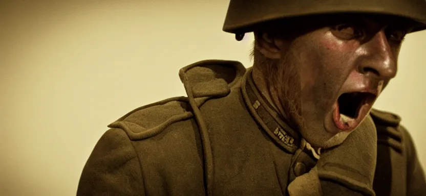 Image similar to horrified World War 1 soldier close-up, high contrast lighting, IMAX cinematic film still