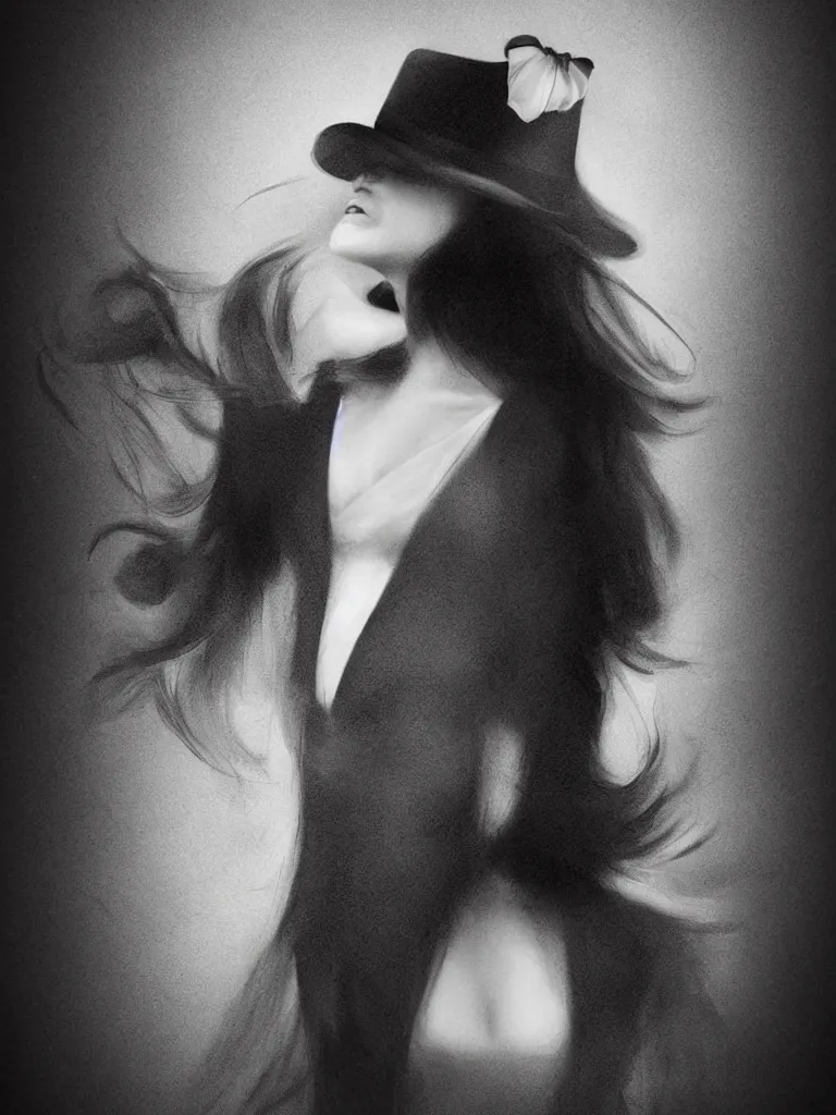 Image similar to elegant long hair lady wearing gentleman suit and tophat portrait photorealism noir