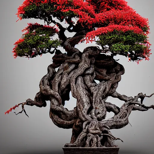 Image similar to incredibly detailed 100 year old Morton Bay fig bonsai planted in, Upside-down ancient intricate red samurai helmet, volcanic rocks, photorealistic, vulumetric lighting, exquisite detail, vray 4k highly detailed, no dof