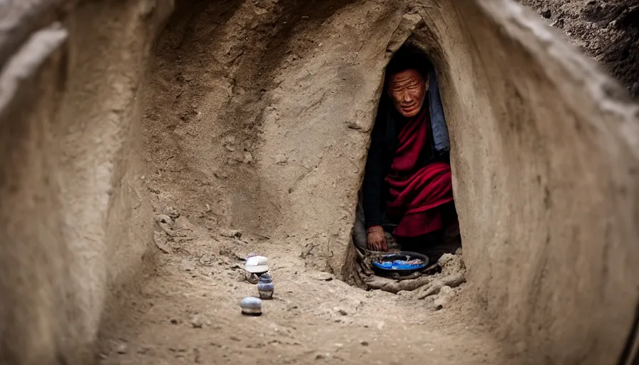 Image similar to a tibetan man in a dirty barque in a tiny tunnel, leica sl 2