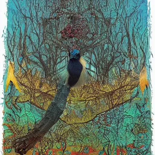 Image similar to by tibor nagy harrowing, haunting lovecraftian. a beautiful installation art of a bird in its natural habitat. the bird is shown in great detail, with its colorful plumage & intricate patterns. the background is a simple but detailed landscape, with trees, bushes, & a river.