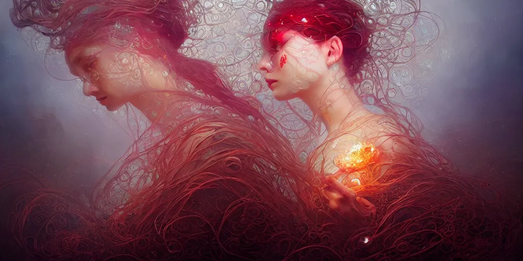 Image similar to ocean of canvas that catches liquid fire, intricate pearls, ornate ruby, magical, concept art, art nouveau, Reylia Slaby, Peter Gric, trending on artstation, volumetric lighting, CGsociety