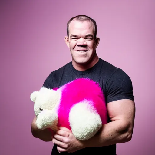 Image similar to professional portrait of Jocko Willink with pink dyed hair wearing a white sweater and holding a teddy bear in a bedroom full of boy band posters and colorful decorations, 8k, dslr,