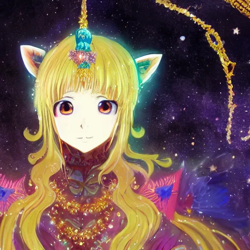 Prompt: portrait from an anime of an ethereal colorful blue starry fox peacock character accented in gold, wearing star filled magic imbued mage robes, wearing lots of gold jewelry and gems, set in observatory at night, art by yuji ikehata, background art by miyazaki with assistance from haruko ichikawa, proper human proportions, fully clothed,