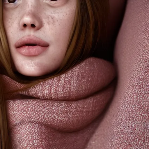 Image similar to portrait of a cute thin young woman, red blush, cute freckles wearing casual clothes, small smile, relaxing on a couch, cozy under a blanket, cozy living room, close up shot, 8 k, art by diego fazio and irakli nadar, hyperrealism, hyperdetailed, ultra realistic