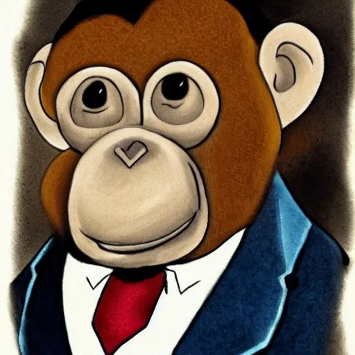 Image similar to a high detail closeup shot of a depressed monkey wearing a suit and smoking a cigar