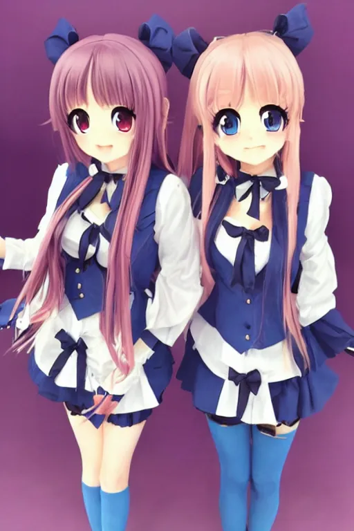 Image similar to two beautiful female idols with twin tails standing chest to chest, detailed anime art