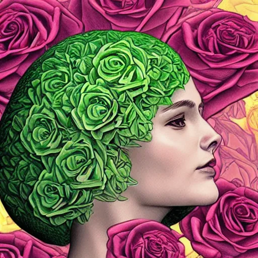 Image similar to the anatomy of a head of lettuce with roses that resembles a beautiful woman, an ultrafine detailed painting by james jean, intricate linework, bright colors, final fantasy, behance contest winner, vanitas, angular, altermodern, unreal engine