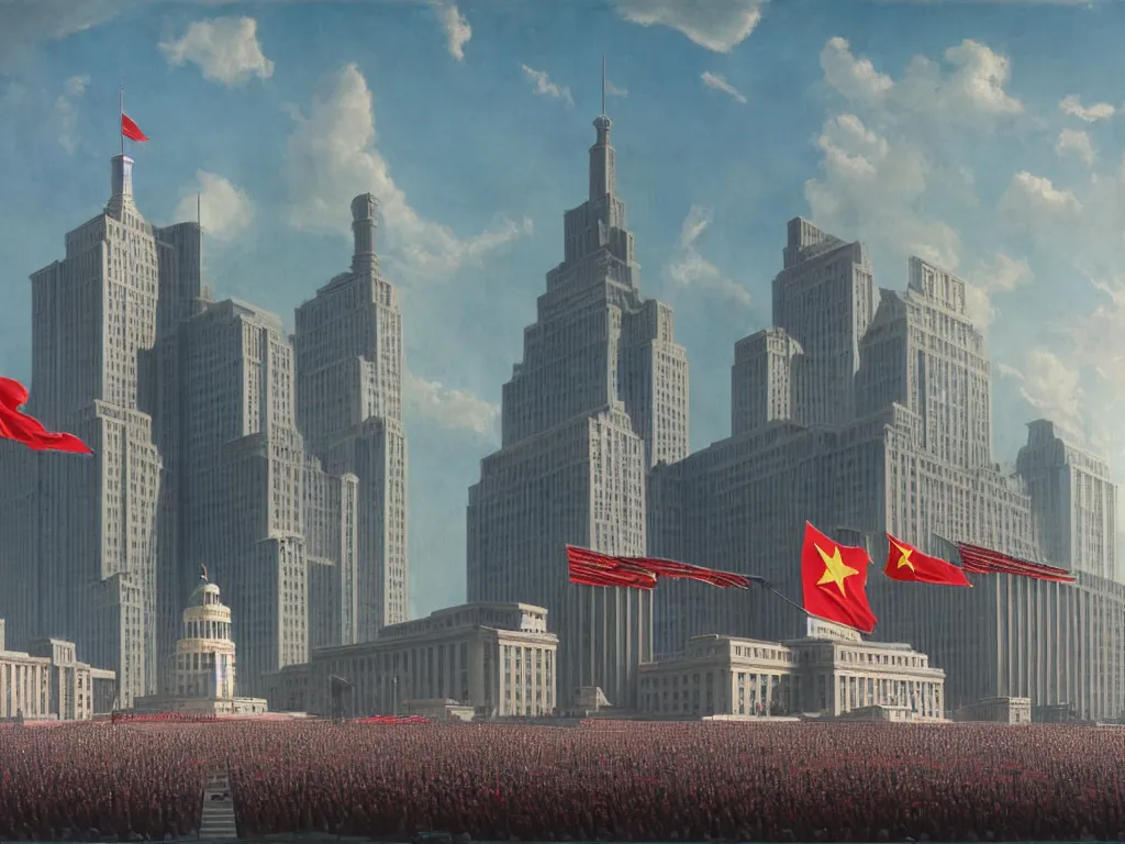 Image similar to matte painting by fan wennan. communist american future capitol shining in the sun after the triumph of socialism in america, hyperdetailed, cinematic, photorealistic, hyperrealism, masterpiece, grounded rectangular communist governmental architecture, statue, imposing, strength, abundance. american communist party. america 2 0 9 8