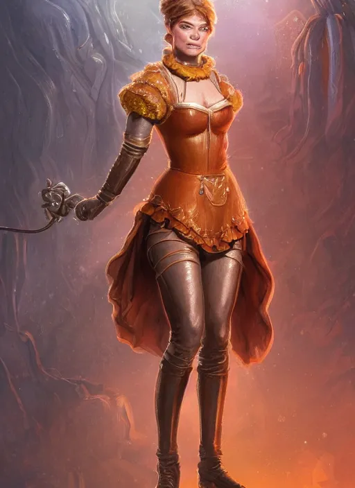 Image similar to beautiful female dorothy gale, rebecca romijn as dorothy, full body character concept, full leather armor, super powers, fantasy, intricate, elegant, highly detailed, digital painting, artstation, concept art, shining, sharp focus, illustration, art by stanley lau