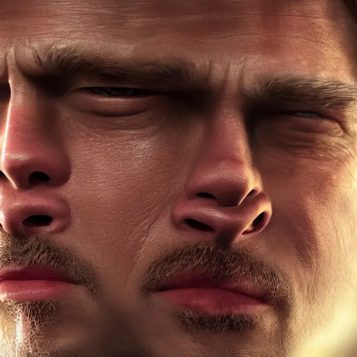 Prompt: brad pitt but his face is melting, ultra detail, dramatic, out of this world, artstation, 8 k,