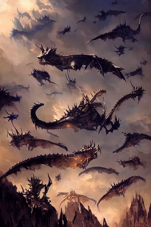 Image similar to sky filled with a swarm of angry western dragons, painting by stephan martiniere