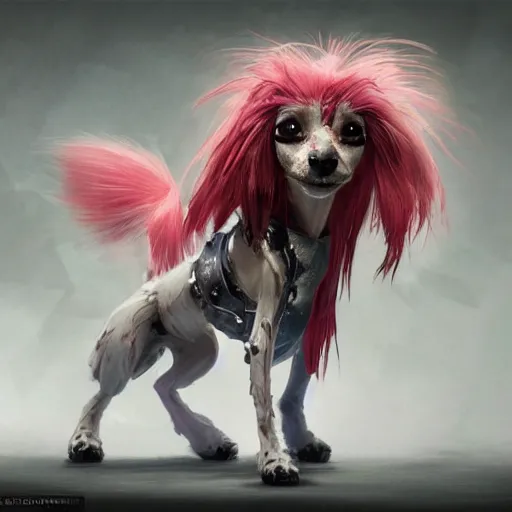 Image similar to Chinese crested powderpuff dog, full body, battle armour, Anthropomorphized, casting epic spell, magic the gathering artwork, D&D, fantasy, cinematic lighting, centered, symmetrical, highly detailed, digital painting, artstation, concept art, smooth, sharp focus, illustration, volumetric lighting, epic Composition, 8k, art by Akihiko Yoshida and Greg Rutkowski and Craig Mullins, heroic pose, oil painting, cgsociety, magic lab background