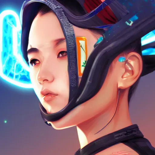 Image similar to closeup of a young cyberpunk samurai lady wearing a visor, digital painting, anime style, Artstation, by Artgerm