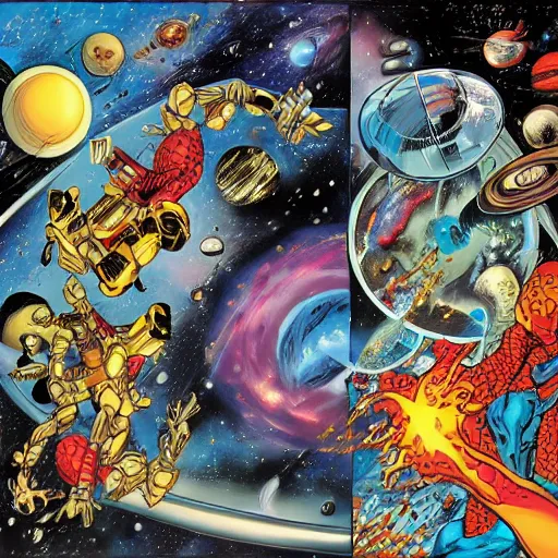 Prompt: an outside view of the universe, comic book double page, hd, highly detailed art