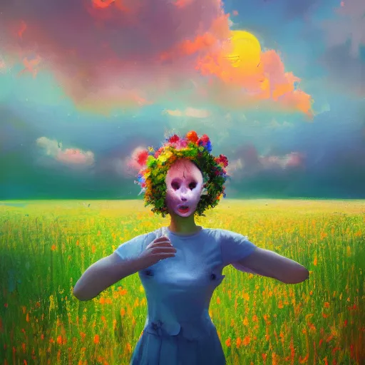 Prompt: girl with a flower face, surreal portrait photography, dreamlike, standing in flower field, in a valley, sunrise dramatic light, impressionist painting, colorful clouds, artstation, simon stalenhag