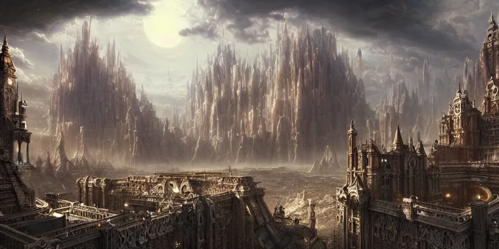 Image similar to a beautiful and insanely detailed matte painting of an advanced sprawling civilization with surreal architecture designed by akihiko yoshida!, whimsical!!, epic scale, intricate details, sense of awe, elite, fantasy realism, complex layered composition!!