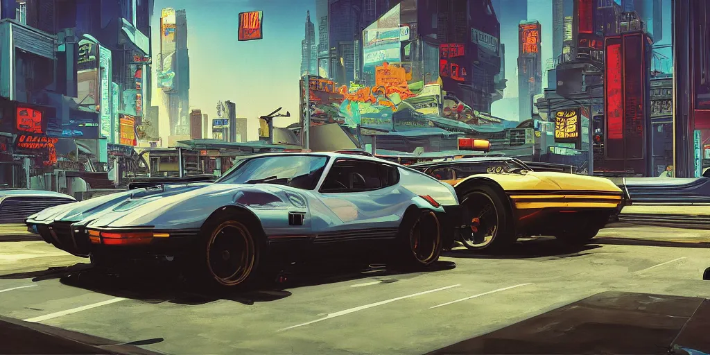 Image similar to art style by Ben Aronson and Edward Hopper and Syd Mead, wide shot view of the Cyberpunk 2077, on ground level. full view of the hybrid design any two cars from 1980's, with wide body kit modification and dark pearlescent holographic paint.