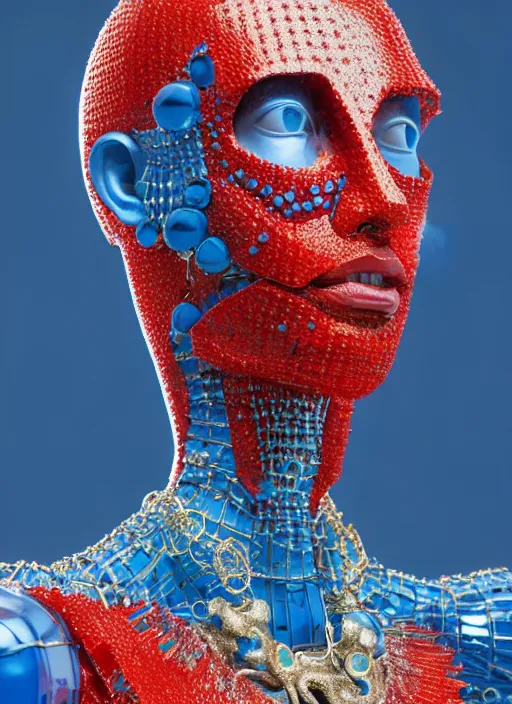 Prompt: a statue made of blue glass and red jewels, of dr. eggman wearing alexander mcqueen, transhumanism, full body shot, perfect symmetrical body, perfect symmetrical face, hyper realistic, hyper detailed, by johannen voss, by peter kemp, by monia merlo, by michelangelo, octane render, blender, 8 k